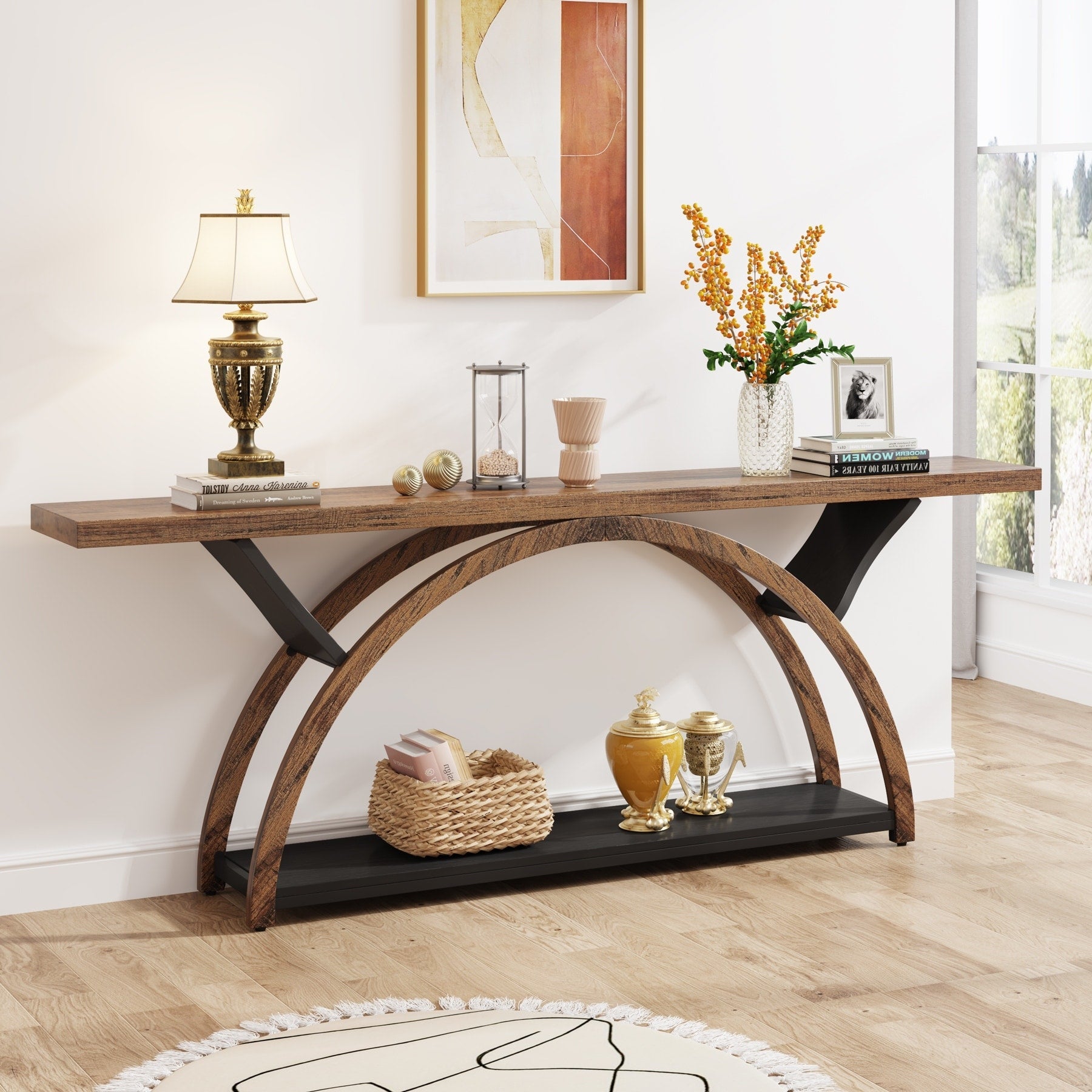 Table console étroite à deux niveaux avec cadre semi-circulaire pour entrée, tables d'appoint grises pour couloir