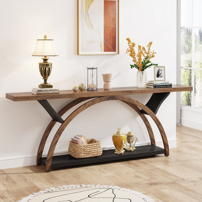 Table console étroite à deux niveaux avec cadre semi-circulaire pour entrée, tables d'appoint grises pour couloir
