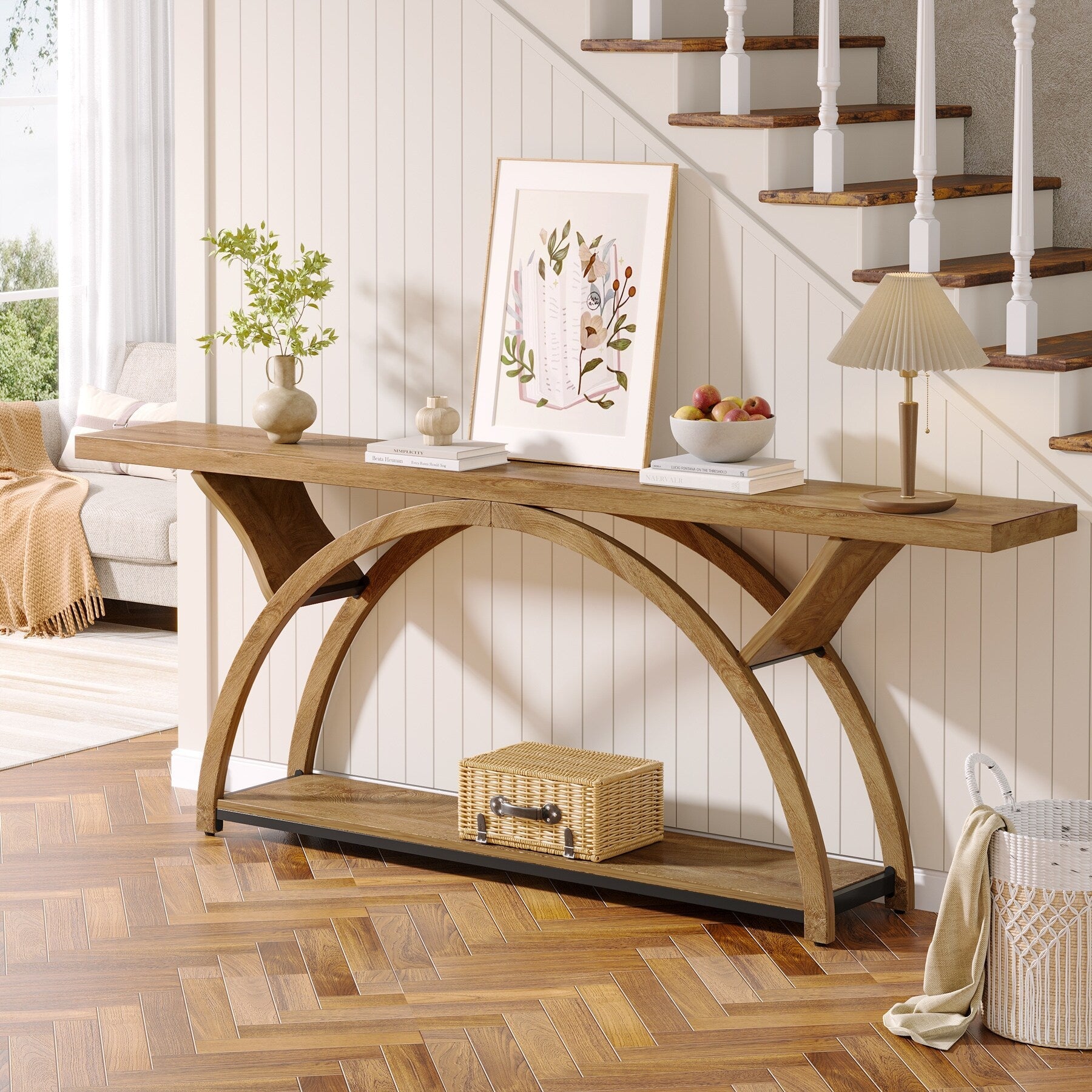 Table console étroite à deux niveaux avec cadre semi-circulaire pour entrée, tables d'appoint grises pour couloir