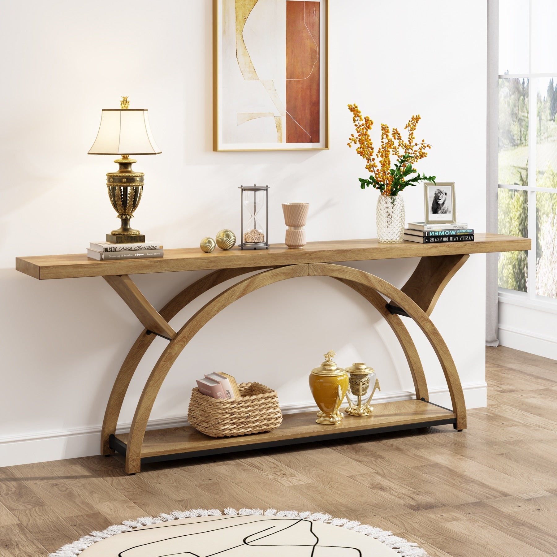 Table console étroite à deux niveaux avec cadre semi-circulaire pour entrée, tables d'appoint grises pour couloir