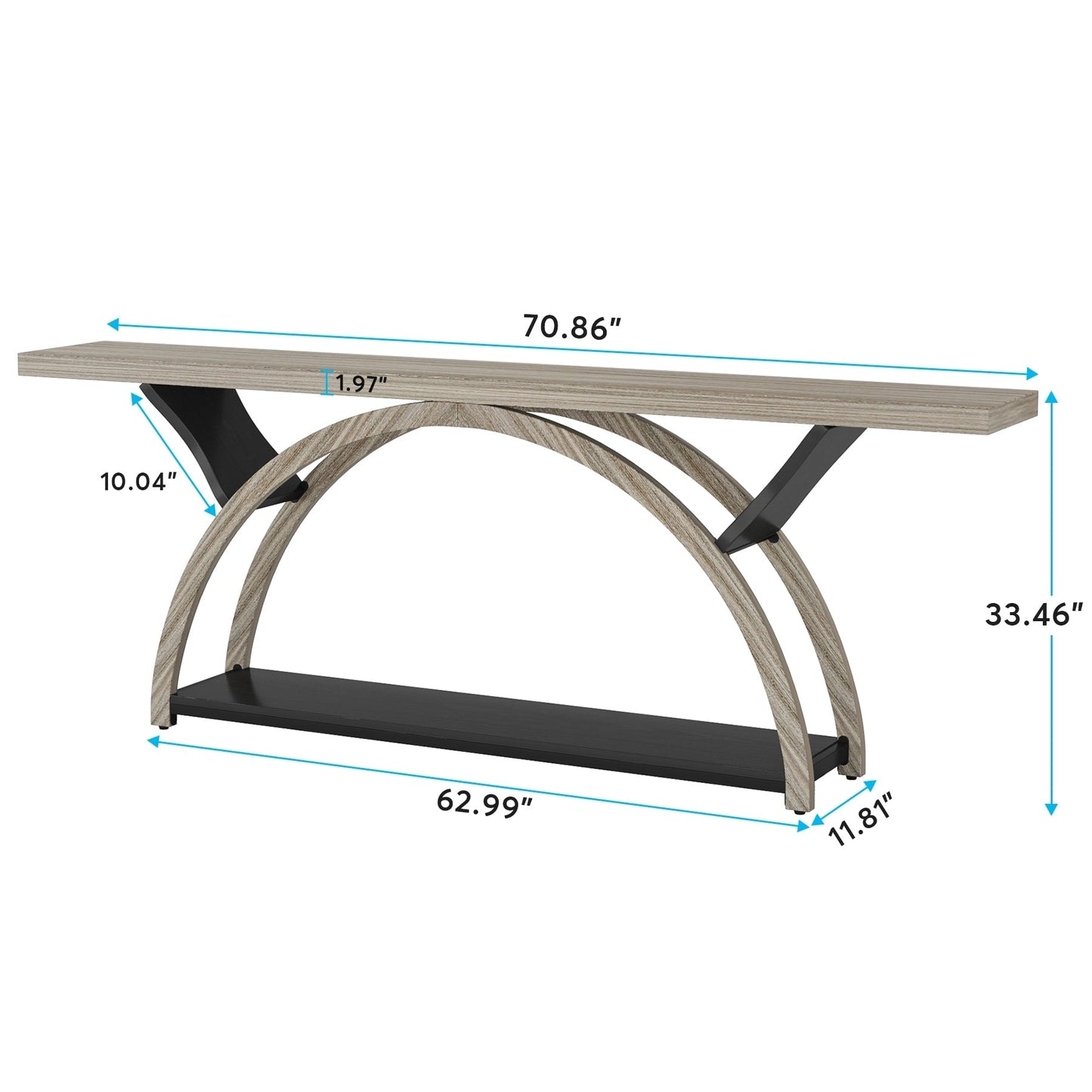 Table console étroite à deux niveaux avec cadre semi-circulaire pour entrée, tables d'appoint grises pour couloir