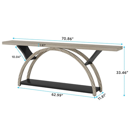 Table console étroite à deux niveaux avec cadre semi-circulaire pour entrée, tables d'appoint grises pour couloir