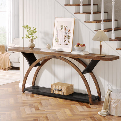 Table console étroite à deux niveaux avec cadre semi-circulaire pour entrée, tables d'appoint grises pour couloir