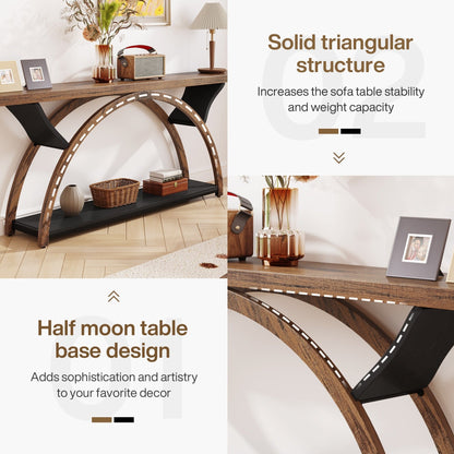 Table console étroite à deux niveaux avec cadre semi-circulaire pour entrée, tables d'appoint grises pour couloir