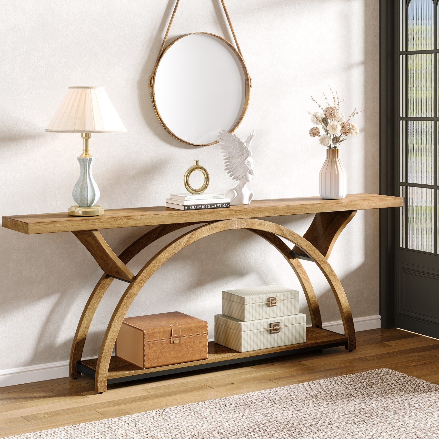 Table console étroite à deux niveaux avec cadre semi-circulaire pour entrée, tables d'appoint grises pour couloir