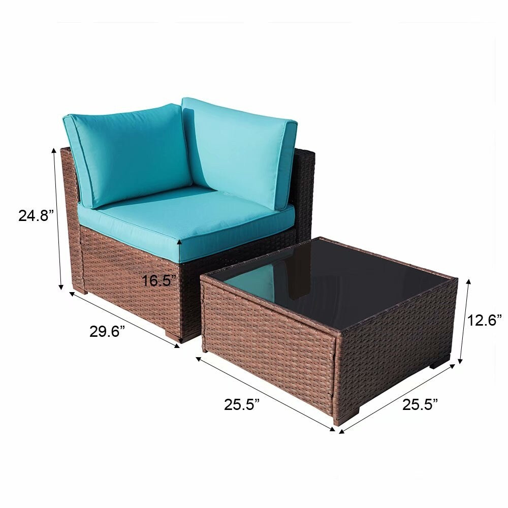 Canapé d'extérieur sectionnel en osier 2 pièces avec fauteuil d'angle rembourré et table d'appoint