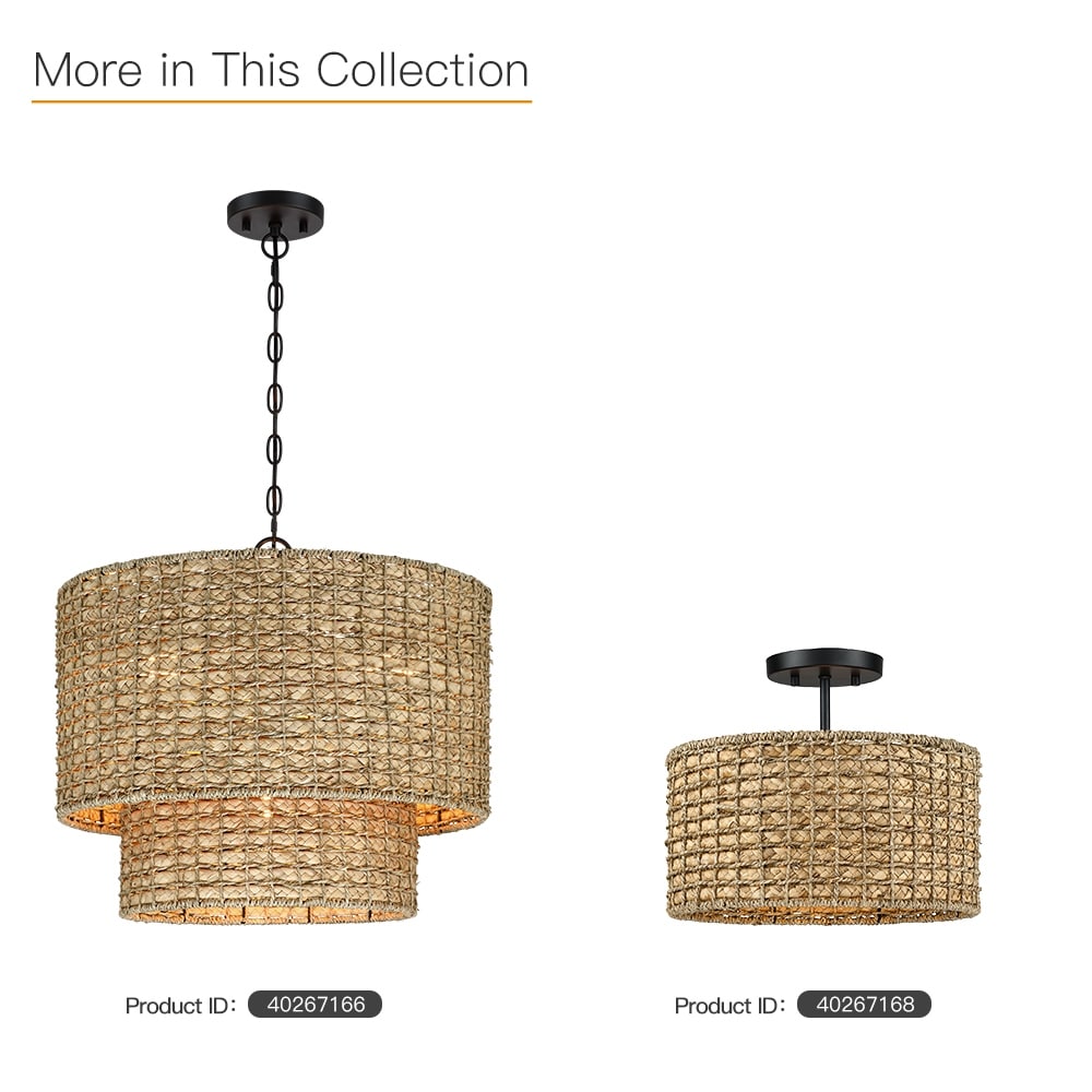 Suspension tambour traditionnelle en rotin naturel à 4 lumières avec auvent noir - Noir/terre - 50,8 cm de largeur