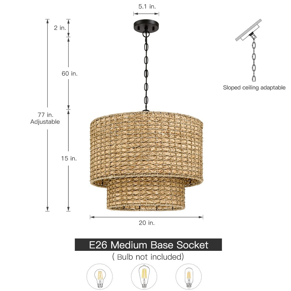 Suspension tambour traditionnelle en rotin naturel à 4 lumières avec auvent noir - Noir/terre - 50,8 cm de largeur