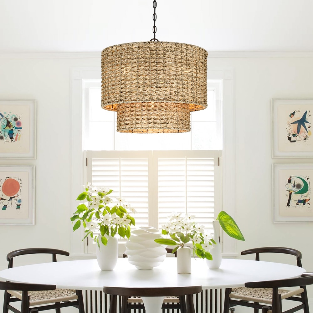Suspension tambour traditionnelle en rotin naturel à 4 lumières avec auvent noir - Noir/terre - 50,8 cm de largeur