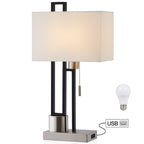 Lampe de table noir mat/nickel brossé avec port USB et abat-jour en lin blanc, ampoule LED 9,5 W incluse - 21 H
