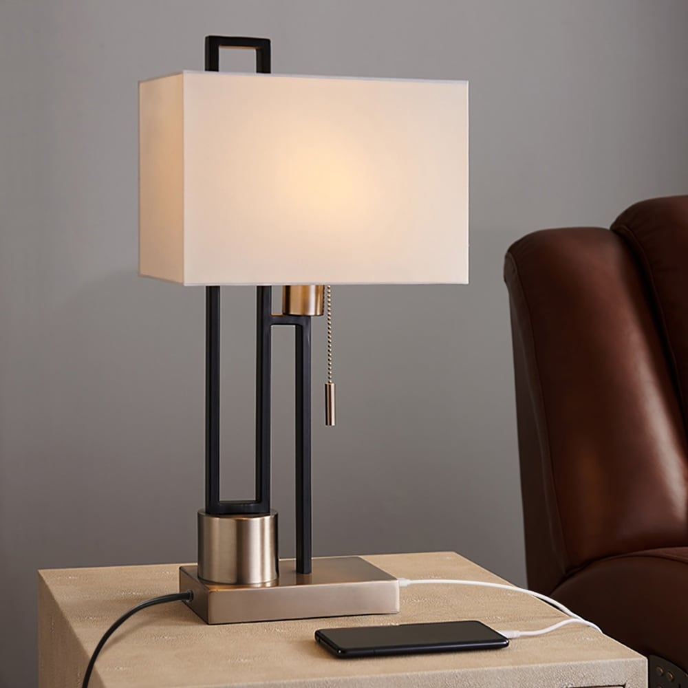 Lampe de table noir mat/nickel brossé avec port USB et abat-jour en lin blanc, ampoule LED 9,5 W incluse - 21 H