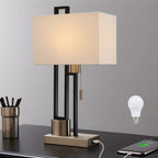 Lampe de table noir mat/nickel brossé avec port USB et abat-jour en lin blanc, ampoule LED 9,5 W incluse - 21 H