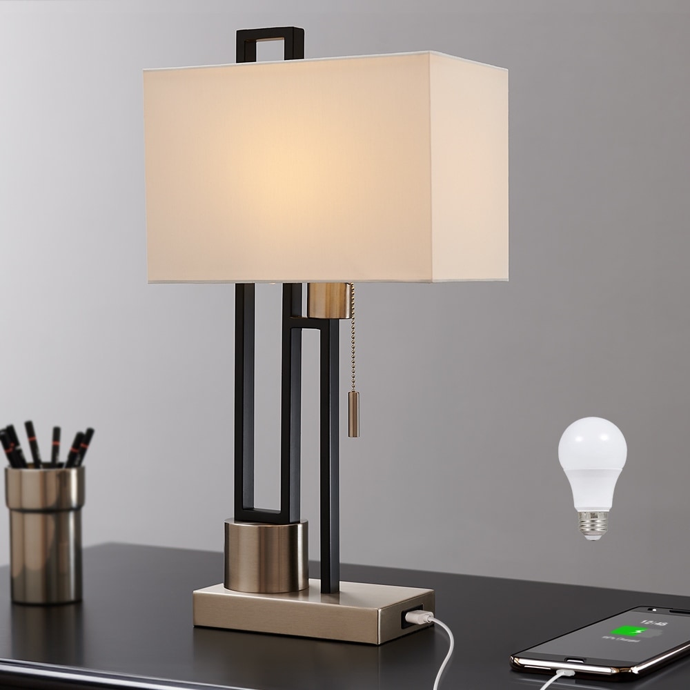 Lampe de table noir mat/nickel brossé avec port USB et abat-jour en lin blanc, ampoule LED 9,5 W incluse - 21 H