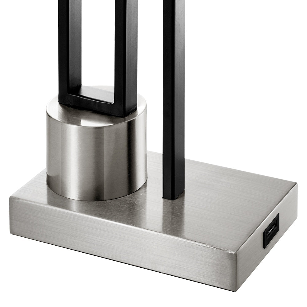 Lampe de table noir mat/nickel brossé avec port USB et abat-jour en lin blanc, ampoule LED 9,5 W incluse - 21 H