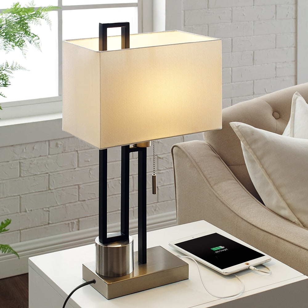 Lampe de table noir mat/nickel brossé avec port USB et abat-jour en lin blanc, ampoule LED 9,5 W incluse - 21 H