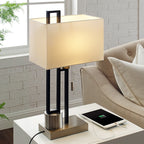 Lampe de table noir mat/nickel brossé avec port USB et abat-jour en lin blanc, ampoule LED 9,5 W incluse - 21 H