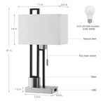 Lampe de table noir mat/nickel brossé avec port USB et abat-jour en lin blanc, ampoule LED 9,5 W incluse - 21 H
