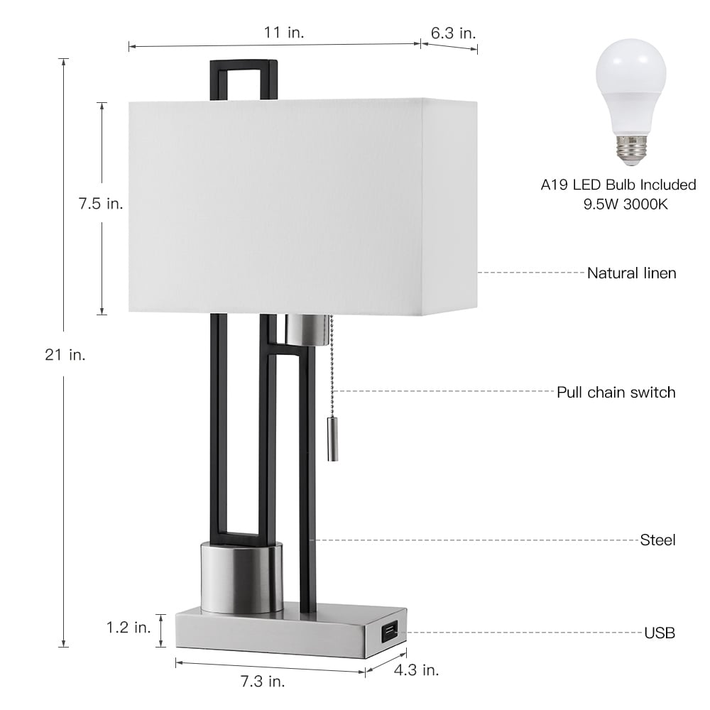 Lampe de table noir mat/nickel brossé avec port USB et abat-jour en lin blanc, ampoule LED 9,5 W incluse - 21 H