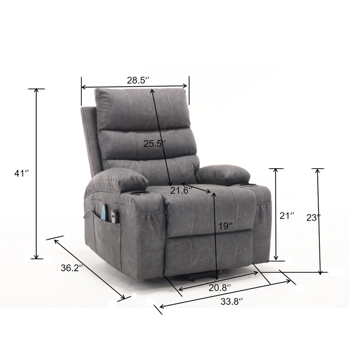 Fauteuil inclinable électrique de grande taille 21 W, massage par vibrations à 8 points et chauffage lombaire, télécommande, poches latérales, porte-gobelets