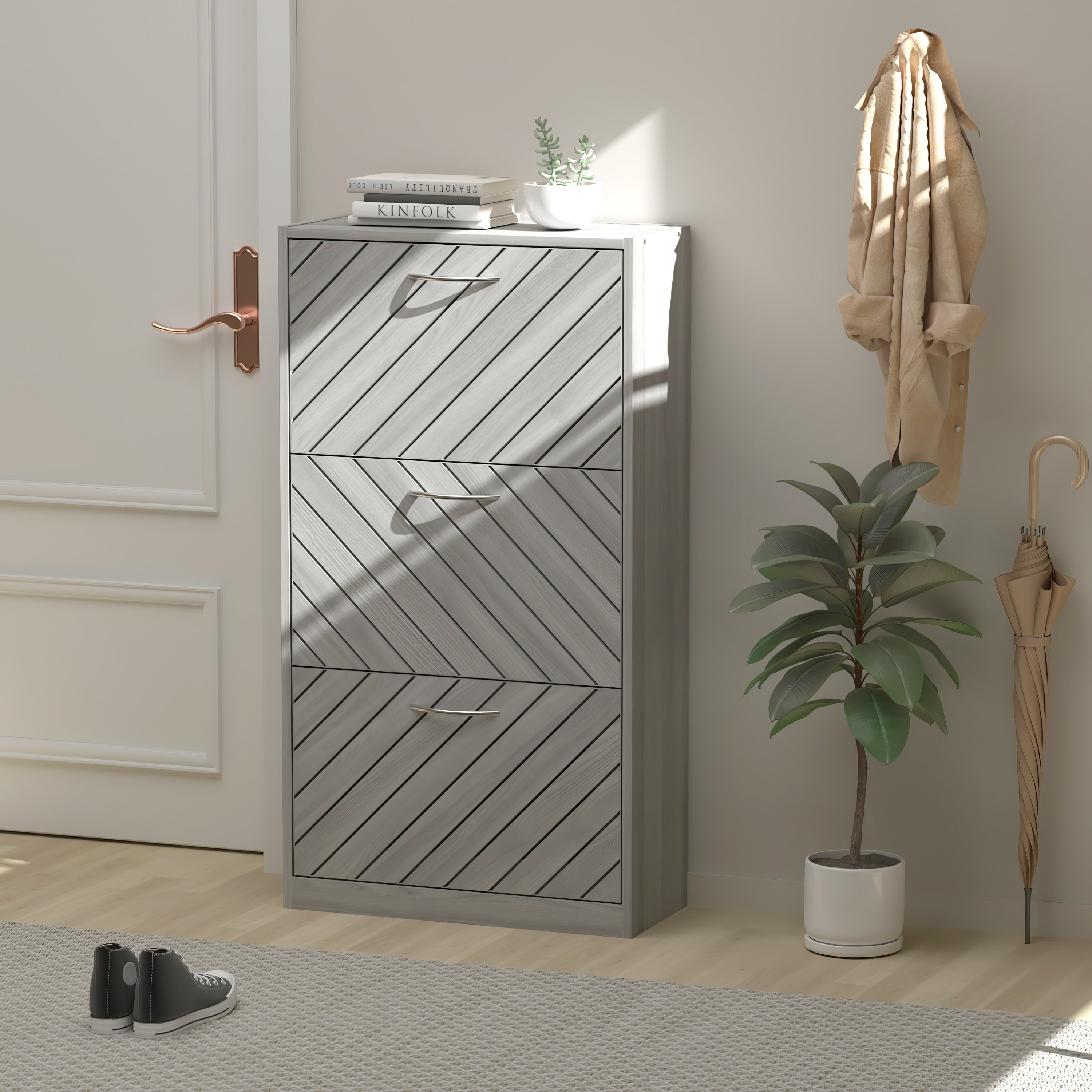 Meuble à chaussures 22,4 avec 3 tiroirs rabattables, bois/gris, par Kerrogee