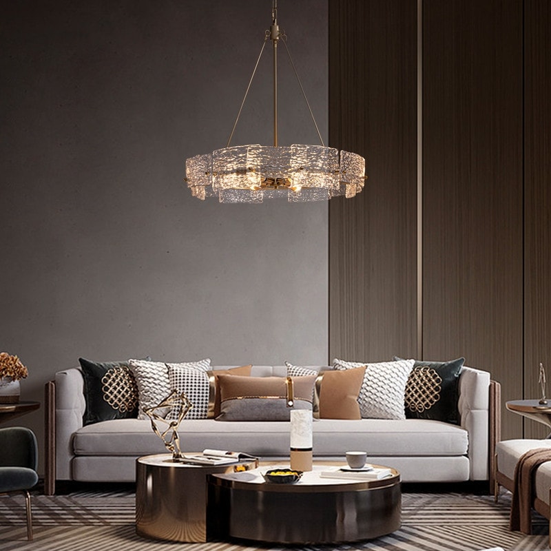 Lustre moderne en cristal doré de 23,6 po, 6 lumières, style tambour glamour, pour îlot de cuisine et salle à manger