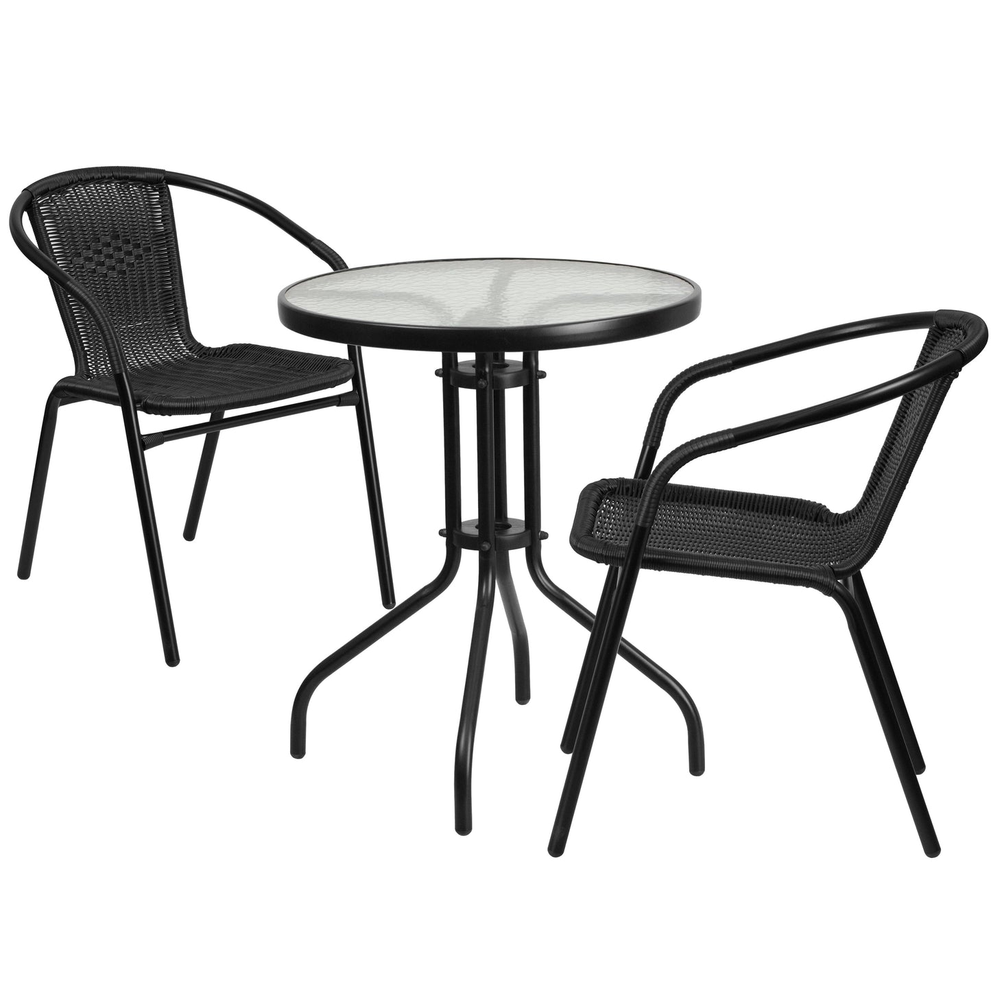 Ensemble de table de patio ronde en verre pour intérieur/extérieur avec base en X et 2 chaises – 23,75 L x 23,75 P x 28 H