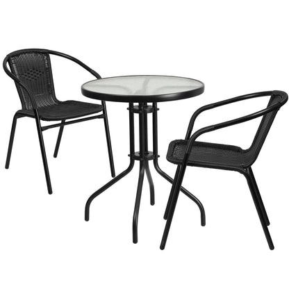 Ensemble de table de patio ronde en verre pour intérieur/extérieur avec base en X et 2 chaises – 23,75 L x 23,75 P x 28 H