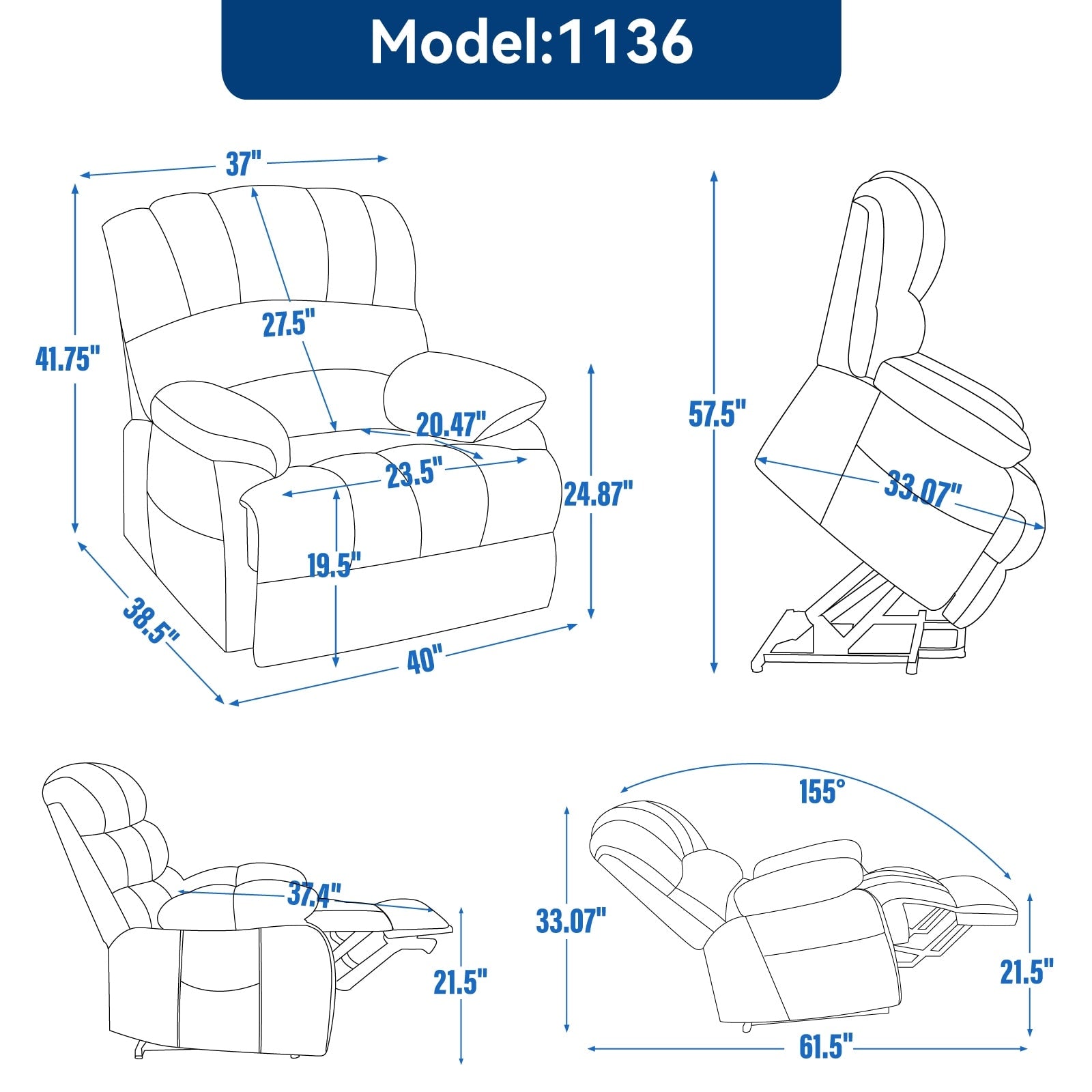 Fauteuil inclinable électrique de grande taille en chenille avec largeur d'assise de 23 pouces et dossier haut, massage par vibration à 8 points et chauffage lombaire
