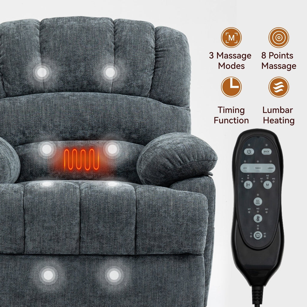 Fauteuil inclinable électrique de grande taille en chenille avec largeur d'assise de 23 pouces et dossier haut, massage par vibration à 8 points et chauffage lombaire