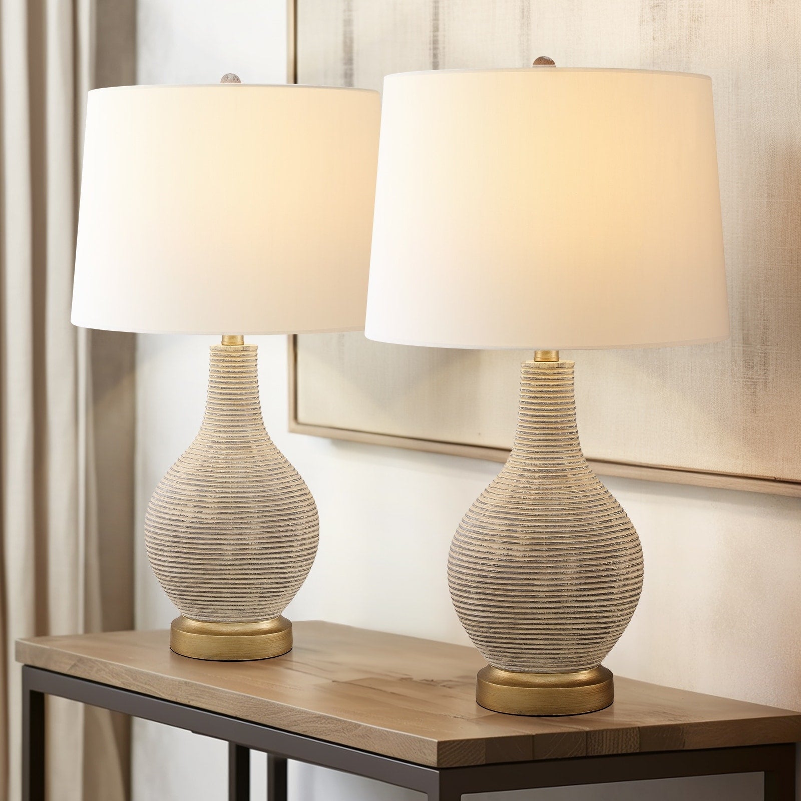 Lampe de table de style campagnard beige délavé/doré de 24,5 pouces avec abat-jour en lin blanc (lot de 2) - 24,5 H