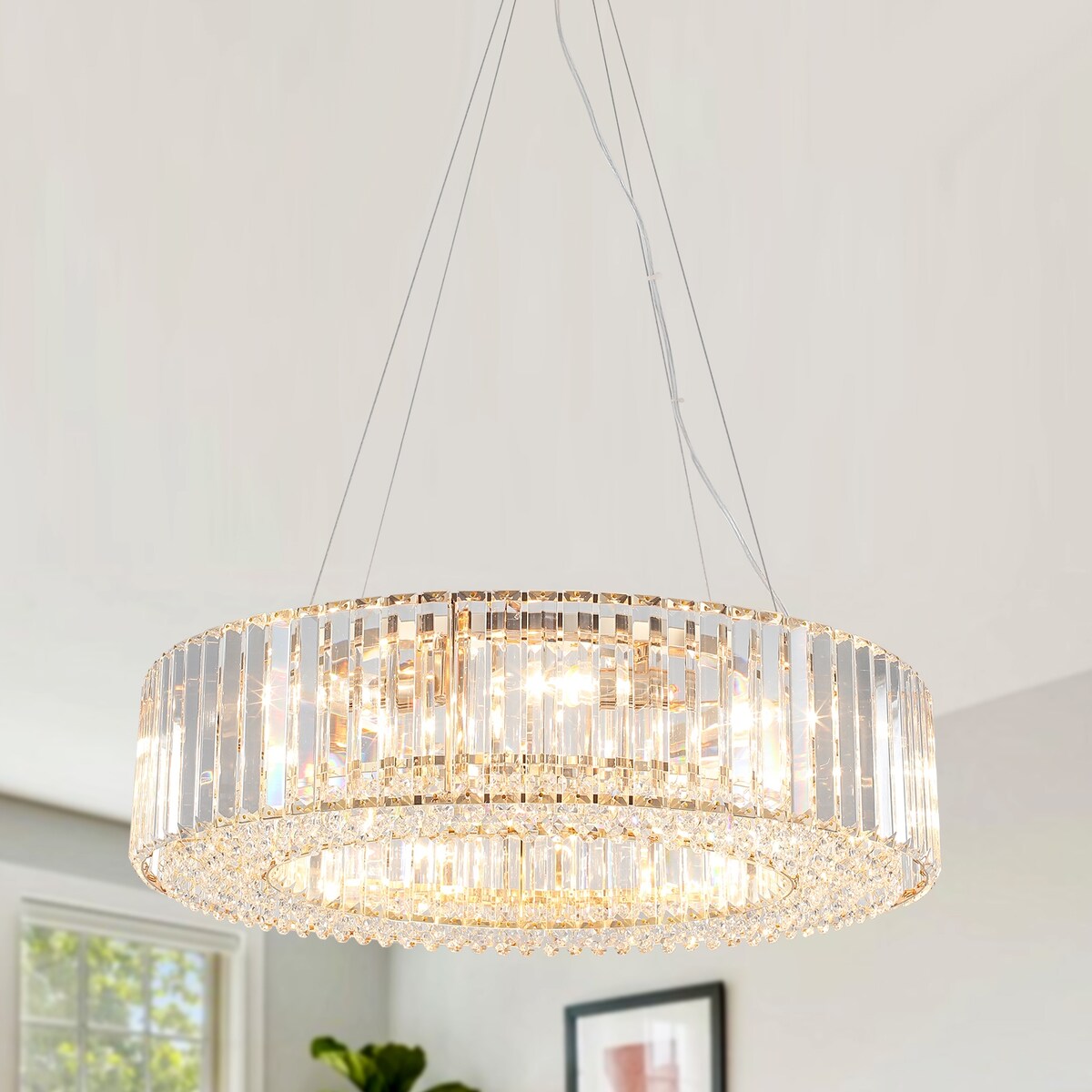 Lustre de ferme 24,8 po à 8 lumières, lustre en cristal, lustre tambour pour salle à manger, salon, chambre à coucher, cuisine