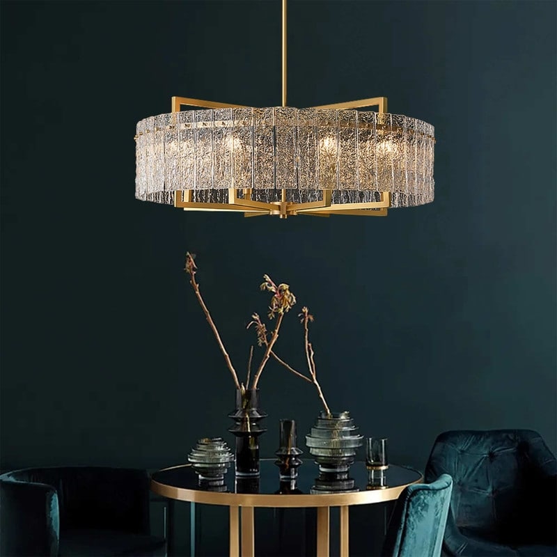 Lustre tambour moderne en cristal doré de 26 po, 6 lumières, à intensité variable, style glamour, pour îlot de cuisine avec verre dépoli, pour salle à manger