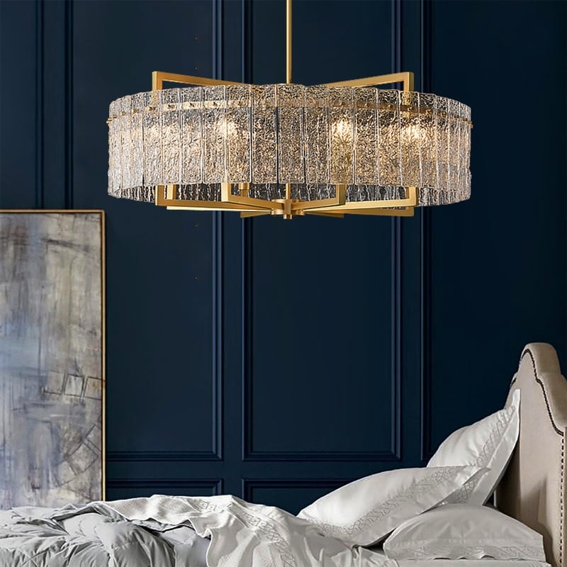 Lustre tambour moderne en cristal doré de 26 po, 6 lumières, à intensité variable, style glamour, pour îlot de cuisine avec verre dépoli, pour salle à manger