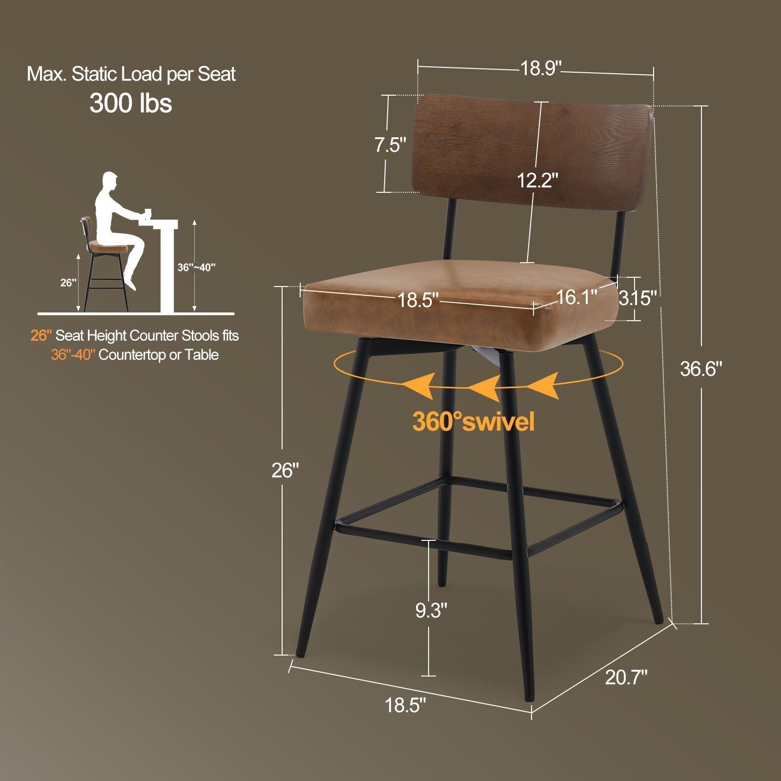 Lot de 2/3/4 tabourets de bar/comptoir pivotants rembourrés en similicuir
