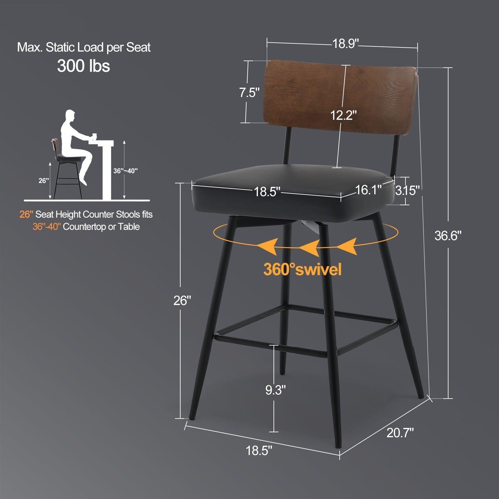 Lot de 2/3/4 tabourets de bar/comptoir pivotants rembourrés en similicuir