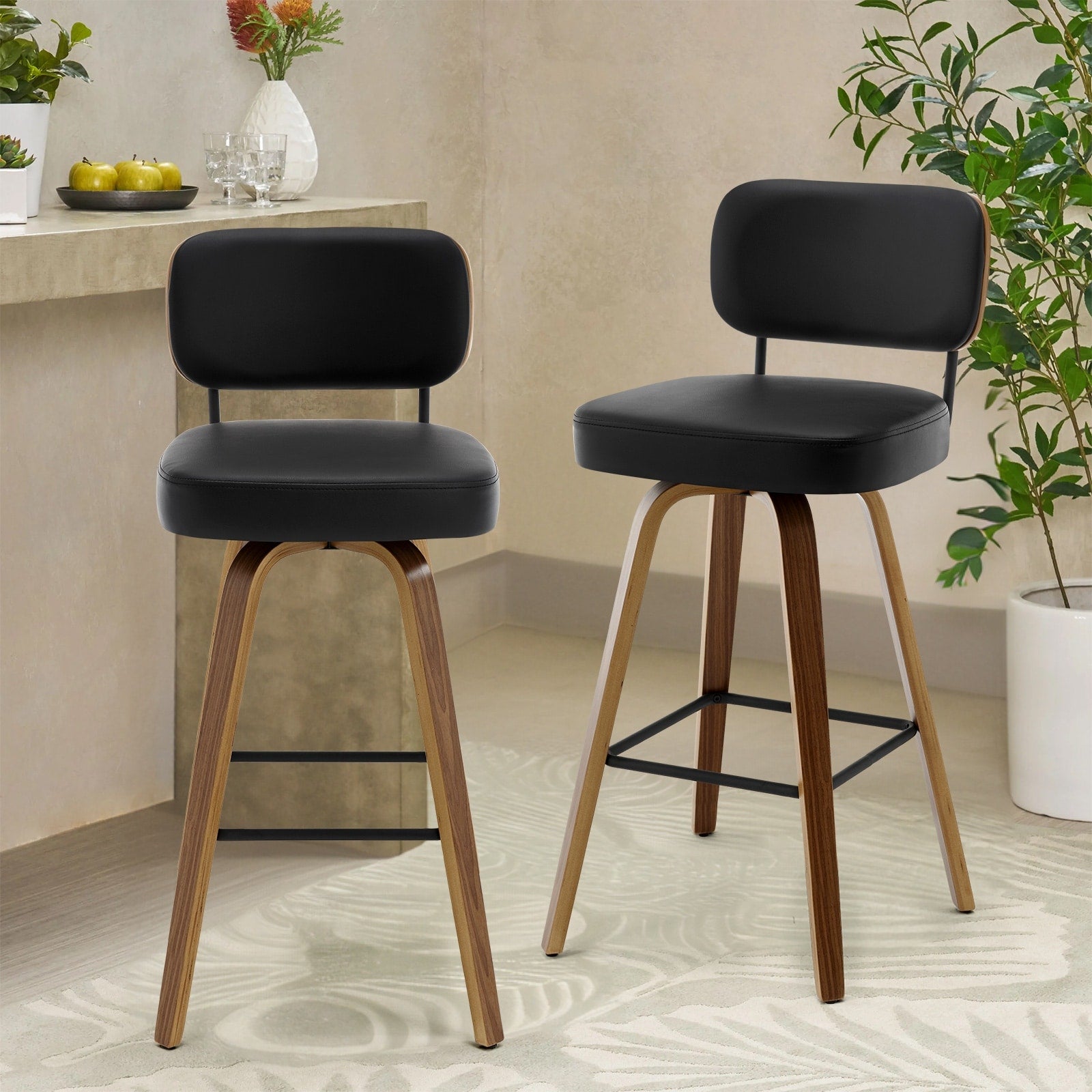 Tabourets de bar pivotants 26/29 avec pieds en bois courbé