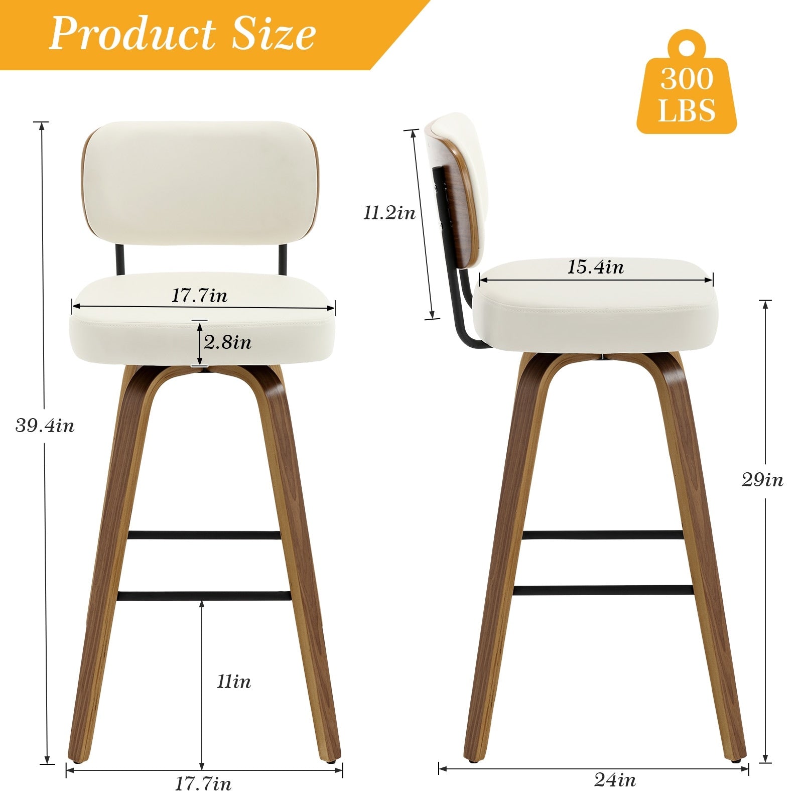 Tabourets de bar pivotants 26/29 avec pieds en bois courbé