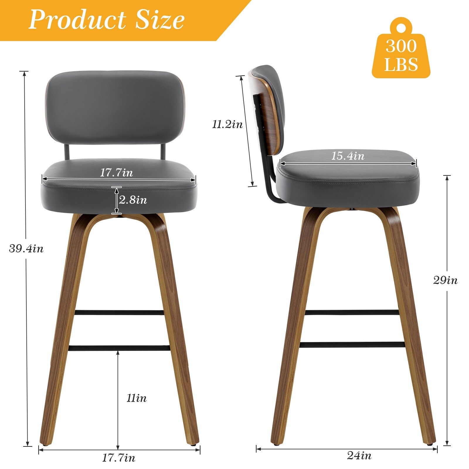 Tabourets de bar pivotants 26/29 avec pieds en bois courbé