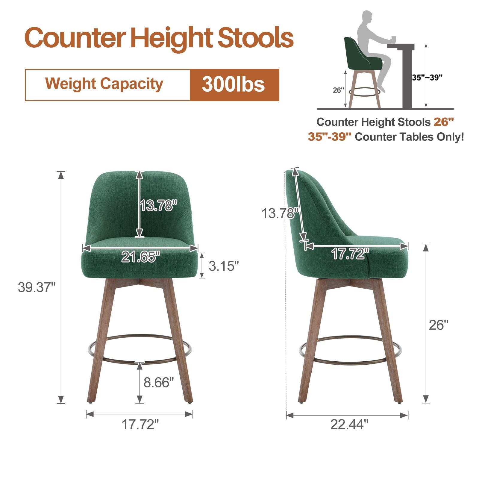 Tabouret de bar pivotant à hauteur de comptoir, rembourré - 39,37 (H) x 22,44 (P) x 21,65 (L)