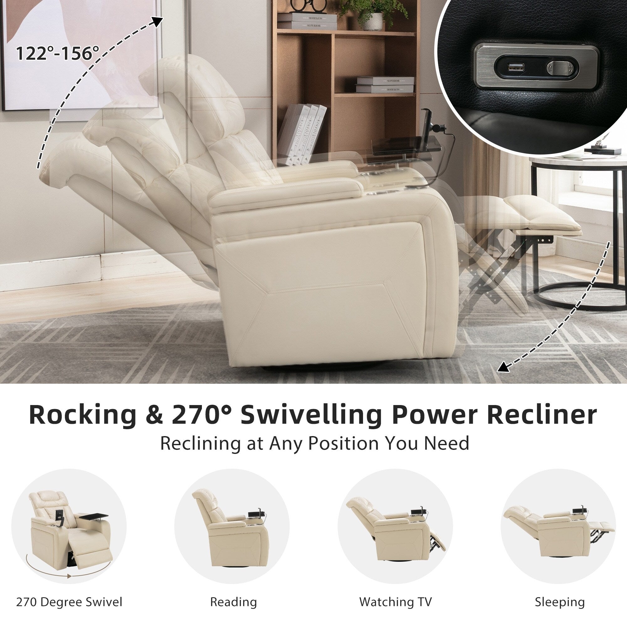 Fauteuil inclinable électrique pivotant à 270 degrés en cuir PU, siège individuel, fauteuil inclinable pour home cinéma avec dossier confortable et plateau