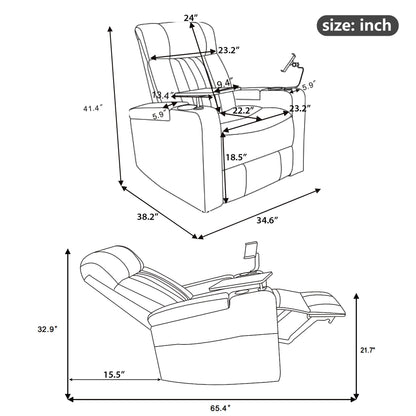 Fauteuil inclinable pivotant à 270°, siège home cinéma avec rangement dissimulé pour les accoudoirs, bande lumineuse LED et porte-gobelet