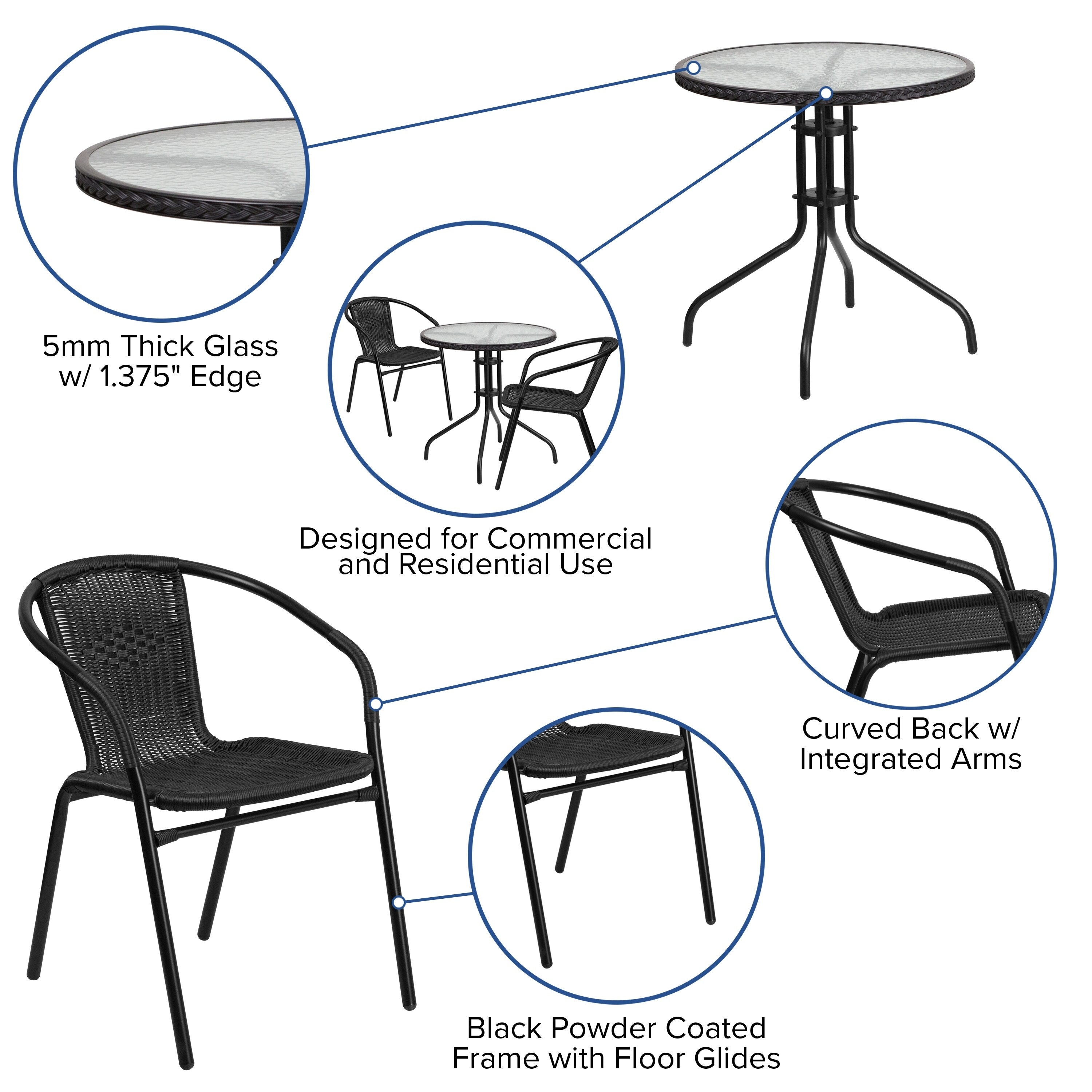 Ensemble table et chaises d'extérieur 3 pièces - 28,75 L x 28,75 P x 28 H