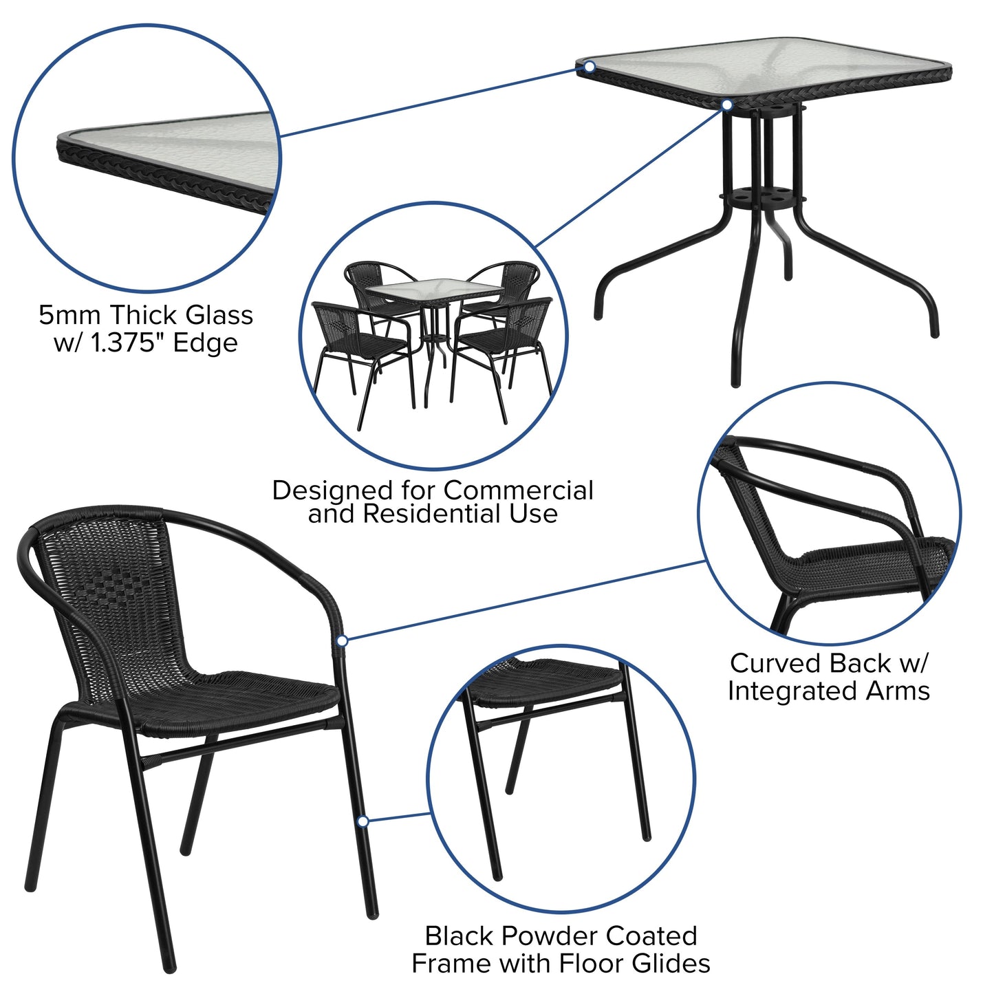 Ensemble de 5 tables carrées et chaises en rotin pour patio intérieur/extérieur - 28 L x 28 P x 28 H