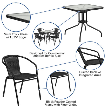 Ensemble de 5 tables carrées et chaises en rotin pour patio intérieur/extérieur - 28 L x 28 P x 28 H