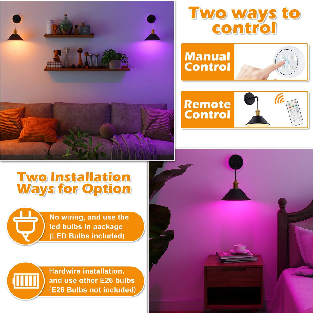 Lot de 2 appliques murales à piles avec télécommande