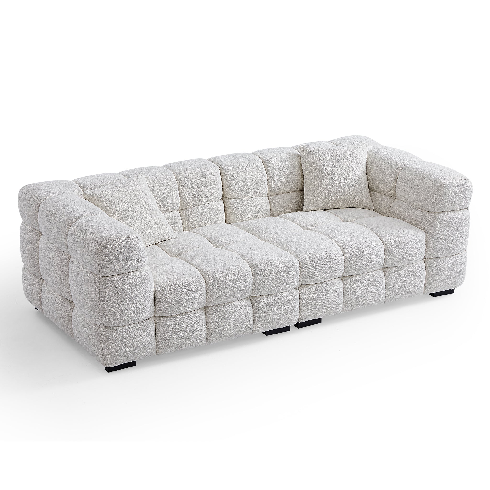 Cushy White Boucle Fabric Tufted Sofa Set