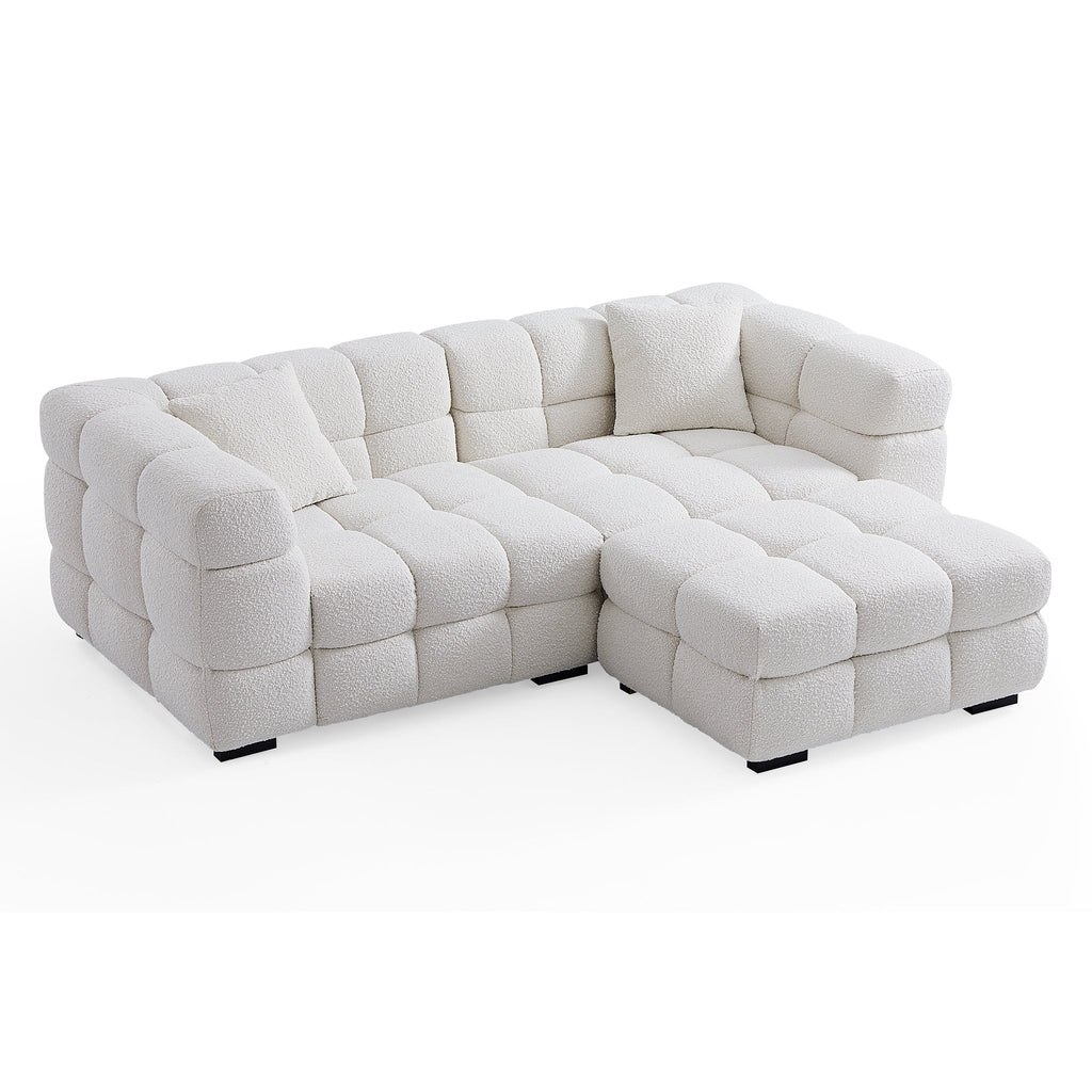 Cushy White Boucle Fabric Tufted Sofa With Ottoman