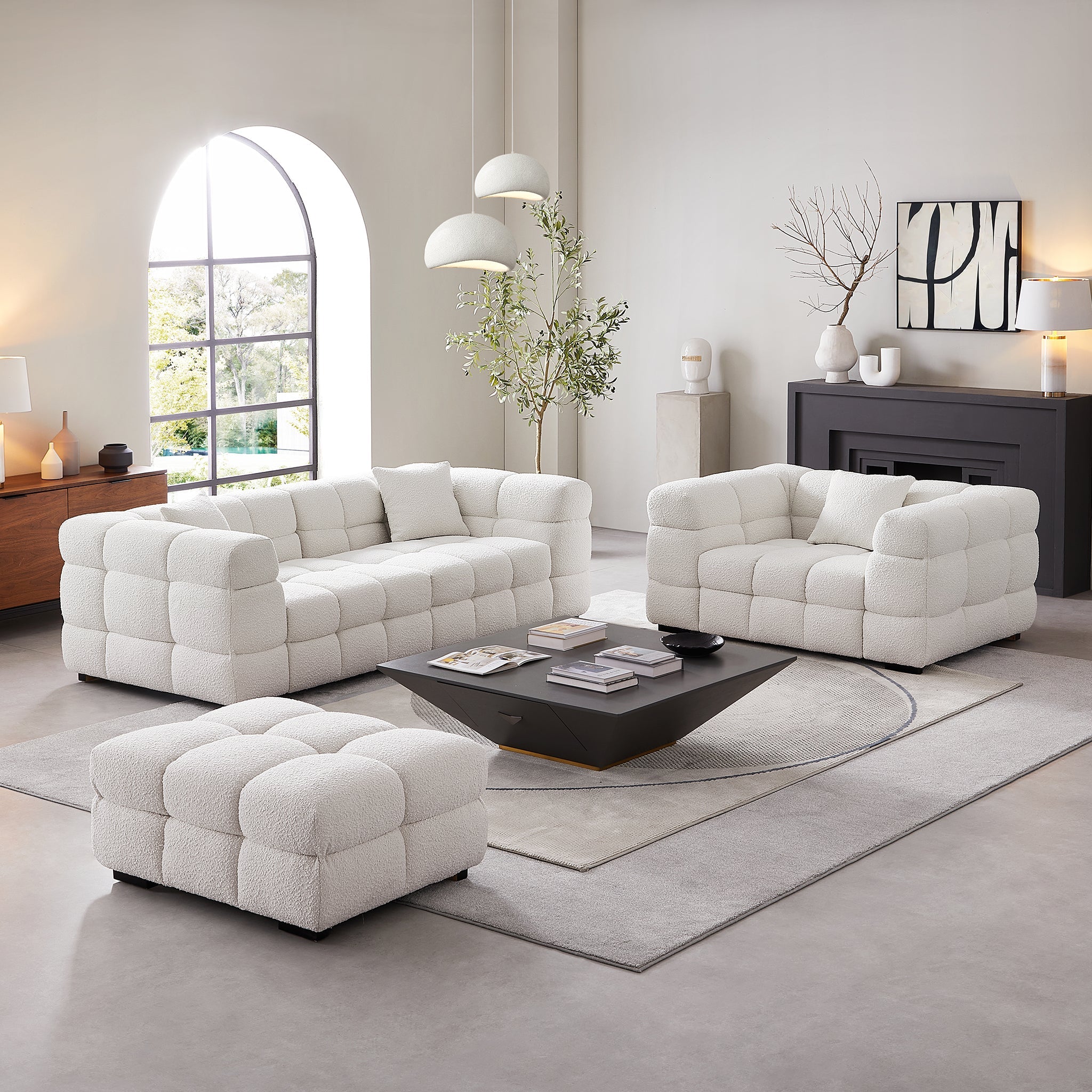 Cushy White Boucle Fabric Tufted Sofa Set