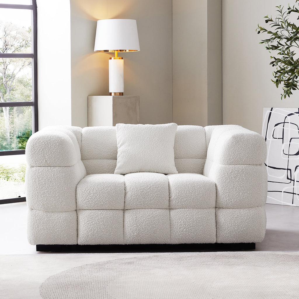 Cushy White Boucle Fabric Tufted Armchair