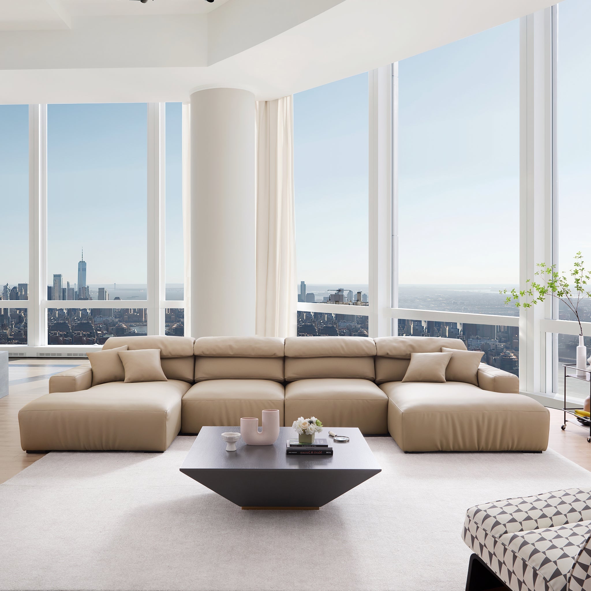 Chestnut Khaki Leather Double Chaise Sectional